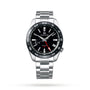 A Grand Seiko Spring Drive GMT Sport wristwatch featuring a black dial, red GMT hand, date display, and stainless steel case and bracelet is displayed against a white background.