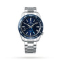 The Grand Seiko Spring Drive GMT Sport features a stainless steel case and band, blue and black bezel, blue dial with silver hour markers, and displays time, date, and GMT functions.