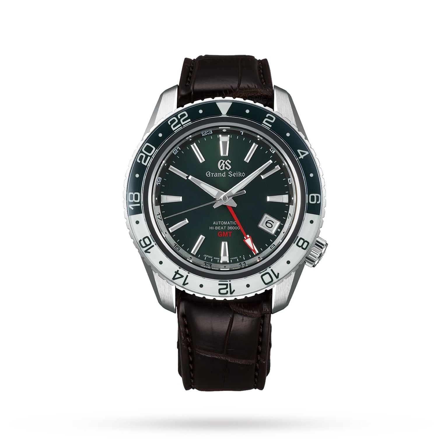 The Grand Seiko Hi-Beat GMT Sport is a luxurious sports watch with a black dial, silver bezel, red GMT hand for triple time zone tracking, and a brown leather strap, shown against a white background.