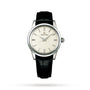 The Grand Seiko Manual Elegance wristwatch features a silver dial, silver markers, and a black leather strap, with an exhibition case back displaying its advanced hairspring technology, shown on a white background.