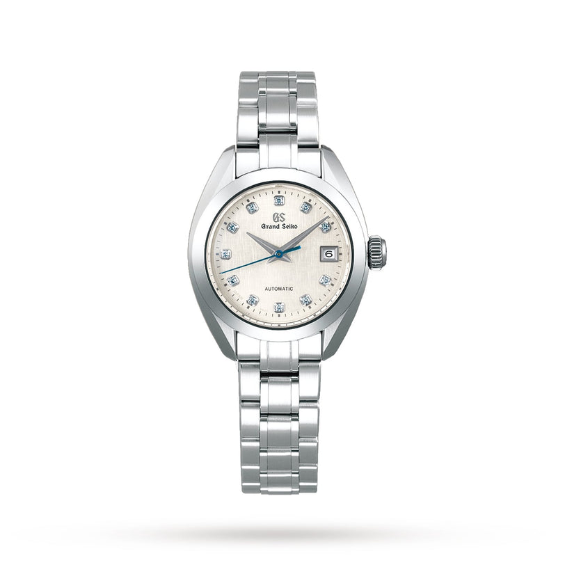 A Grand Seiko Ladies Automatic Elegance wristwatch in silver with a light textured dial and metal bracelet, shown on a white background.