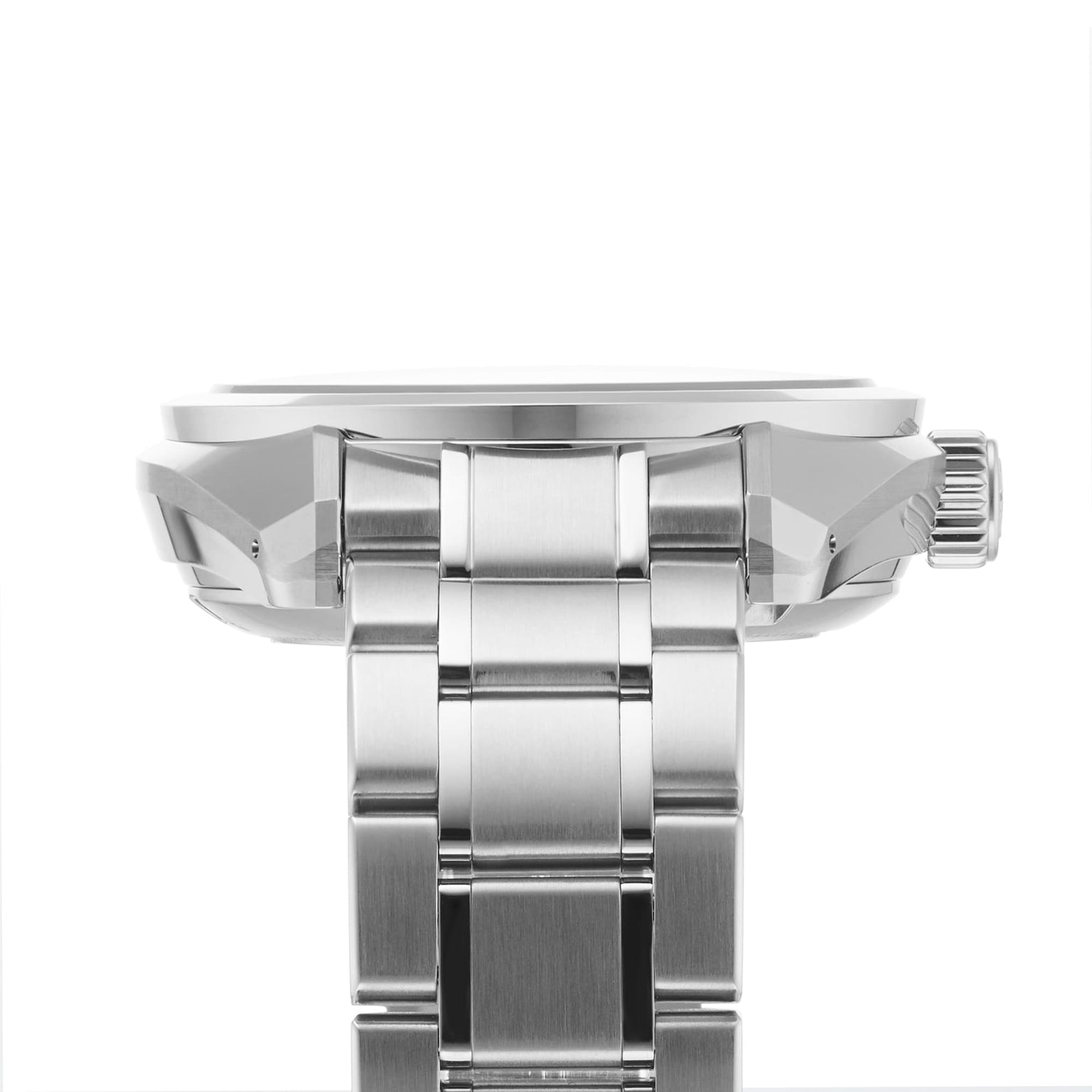 Close-up side view of a Grand Seiko Hi-Beat Heritage wristwatch with an Ever-Brilliant Steel bracelet and visible crown, set against a plain white background.