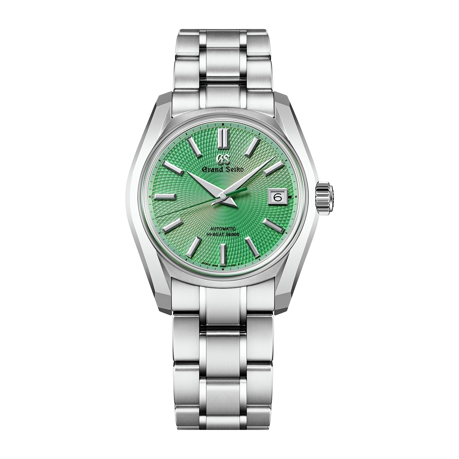 The Grand Seiko Hi-Beat Limited Edition Heritage is a stainless steel watch with a green textured dial inspired by Jodogahama beach, silver markers and hands, date at 3 oclock, and a precise 9S85 automatic movement.