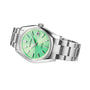 The Grand Seiko Hi-Beat Limited Edition Heritage is a stainless steel wristwatch with a metallic bracelet, textured green dial, silver hour markers, date display at 3 o’clock, and is powered by the 9S85 calibre automatic movement.