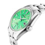 The Grand Seiko Hi-Beat Limited Edition Heritage is a stainless steel watch with a silver band and case, bright green textured dial inspired by Jodogahama beach, silver markers, date at 3 o’clock, and 9S85 calibre automatic movement.