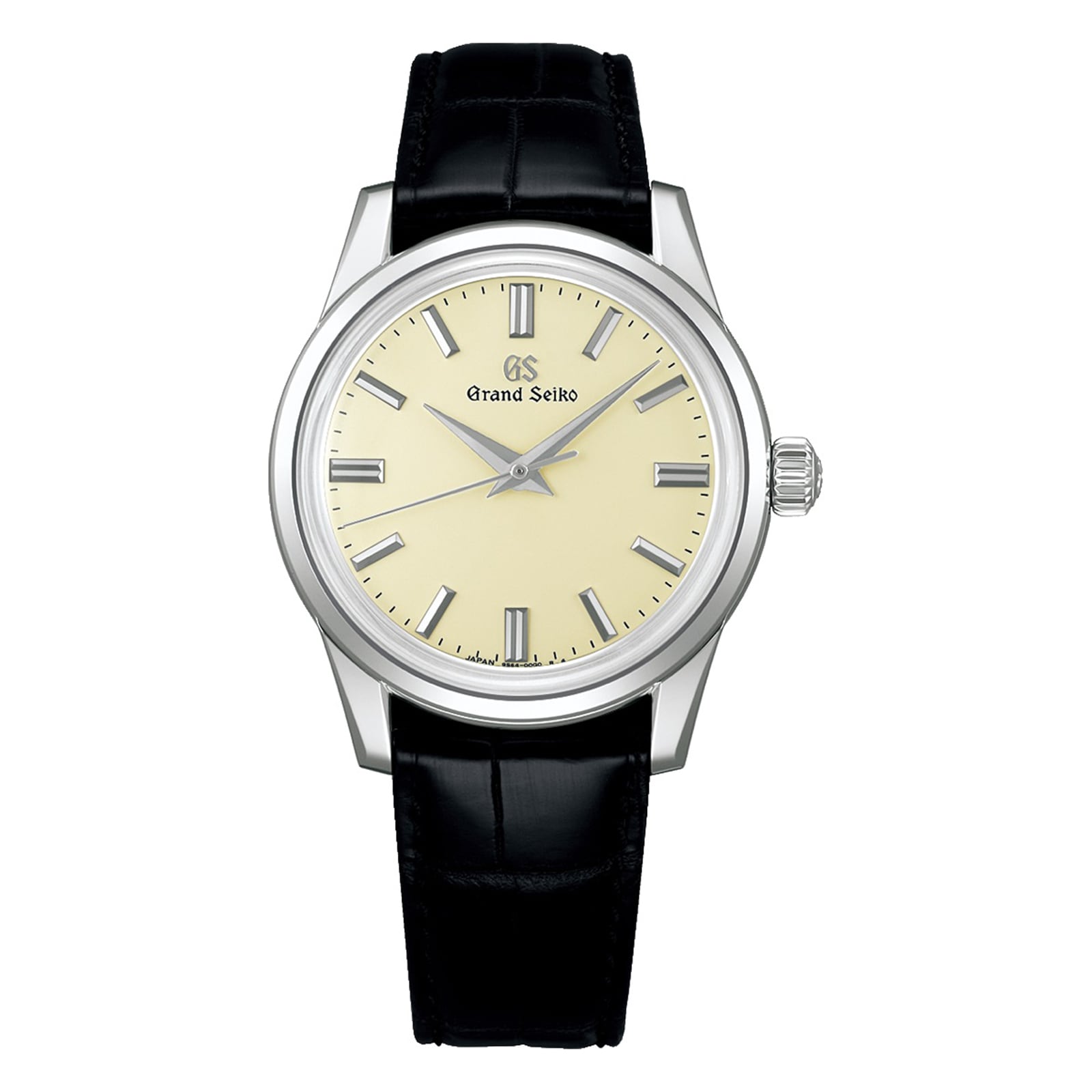 The Grand Seiko Manual Elegance features a cream dial, silver markers and hands, black leather strap, stainless steel case, and is powered by the precise 9S64 mechanical calibre movement.