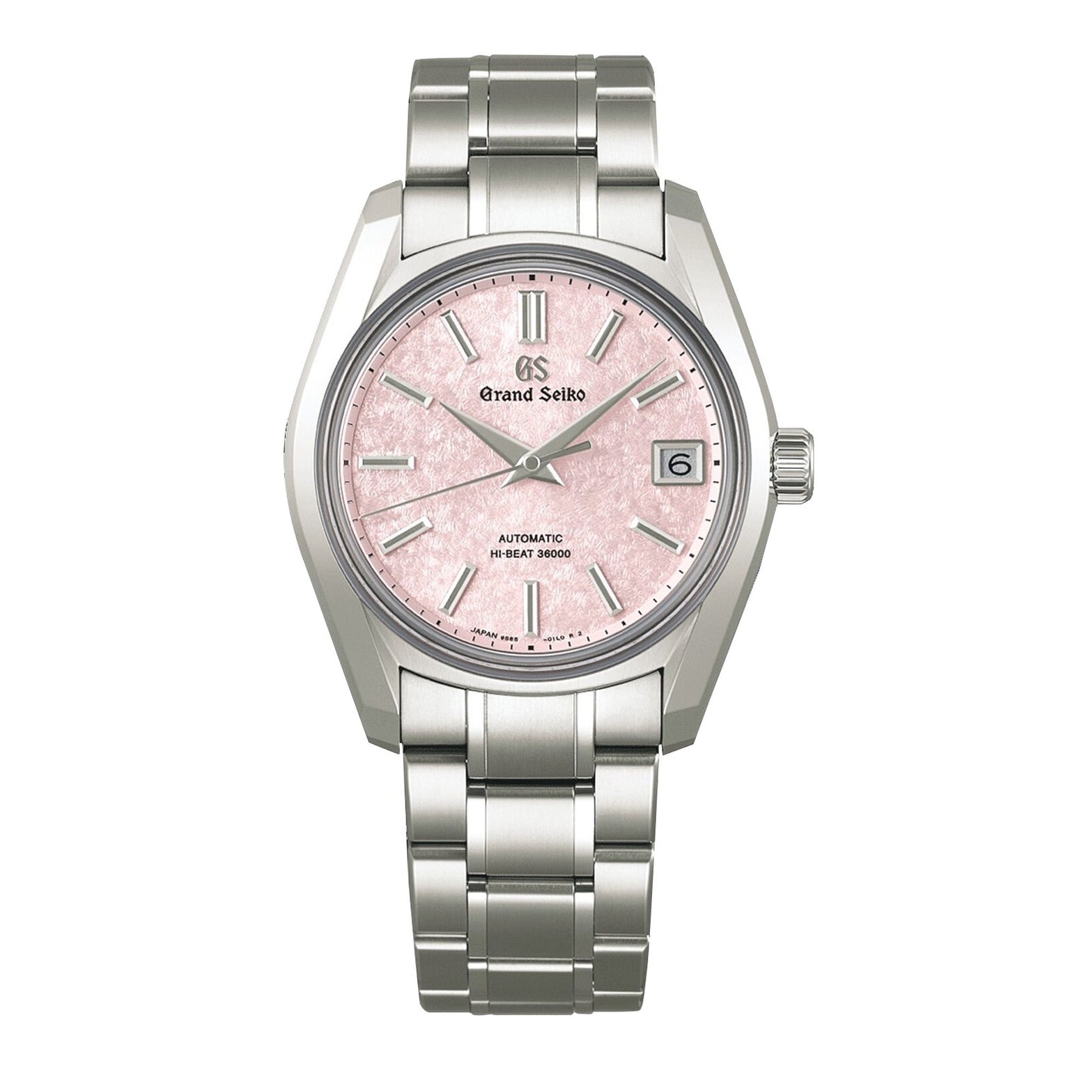 The Grand Seiko Hi-Beat Heritage features a stainless steel case, pink textured dial, silver hour markers, date at 3 o’clock, and hi-beat 9S85 movement on a metal bracelet.