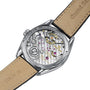 Close-up of a Grand Seiko Manual Hi-beat 80 Hours Evolution 9 wristwatch featuring an exposed movement, metal case, and brown leather strap inspired by white birch bark, with engraved branding visible on the back.