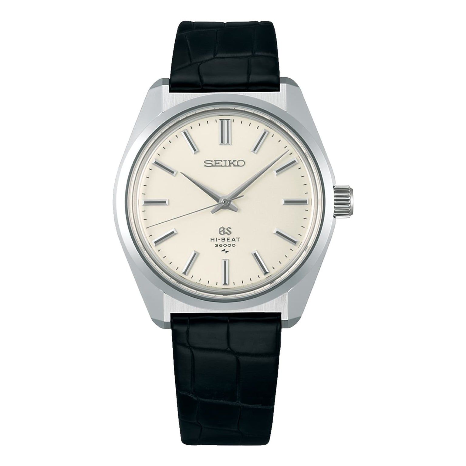 The Grand Seiko Manual Hi-Beat Heritage watch features a silver dial, silver hour markers and hands, and a black leather strap.