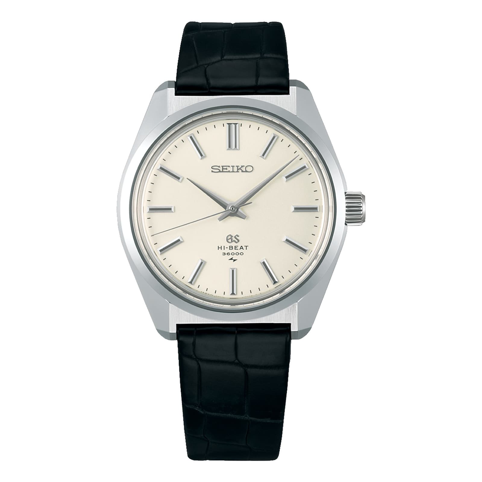 The Grand Seiko Manual Hi-Beat Heritage watch features a silver dial, silver hour markers and hands, and a black leather strap.