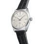 The Grand Seiko Manual Hi-Beat Heritage is a silver wristwatch featuring a white dial, silver hour markers and hands, a black leather strap, Hi-Beat 36000 above 6 oclock, and draws inspiration from the iconic 45GS high-beat movement.