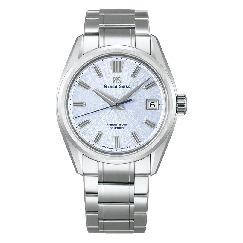The Grand Seiko Hi-Beat 80 Hours Evolution 9 is a stainless steel wristwatch featuring a mountainscape-inspired silver textured dial, silver markers and hands, date display at 3 oclock, and a metal bracelet.