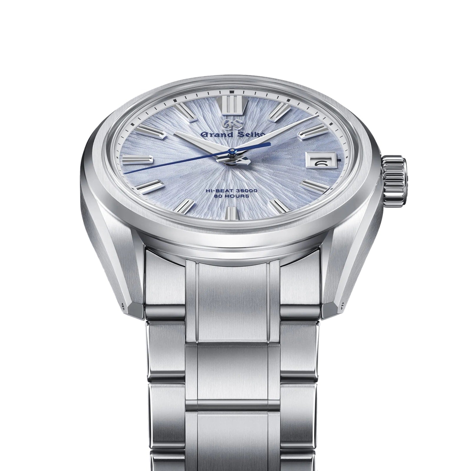 The Grand Seiko Hi-Beat 80 Hours Evolution 9 is a stainless steel wristwatch marking the 65th Anniversary, with a light blue mountainscape-textured dial, silver hour markers, date at 3 oclock, and metal bracelet on a white background.