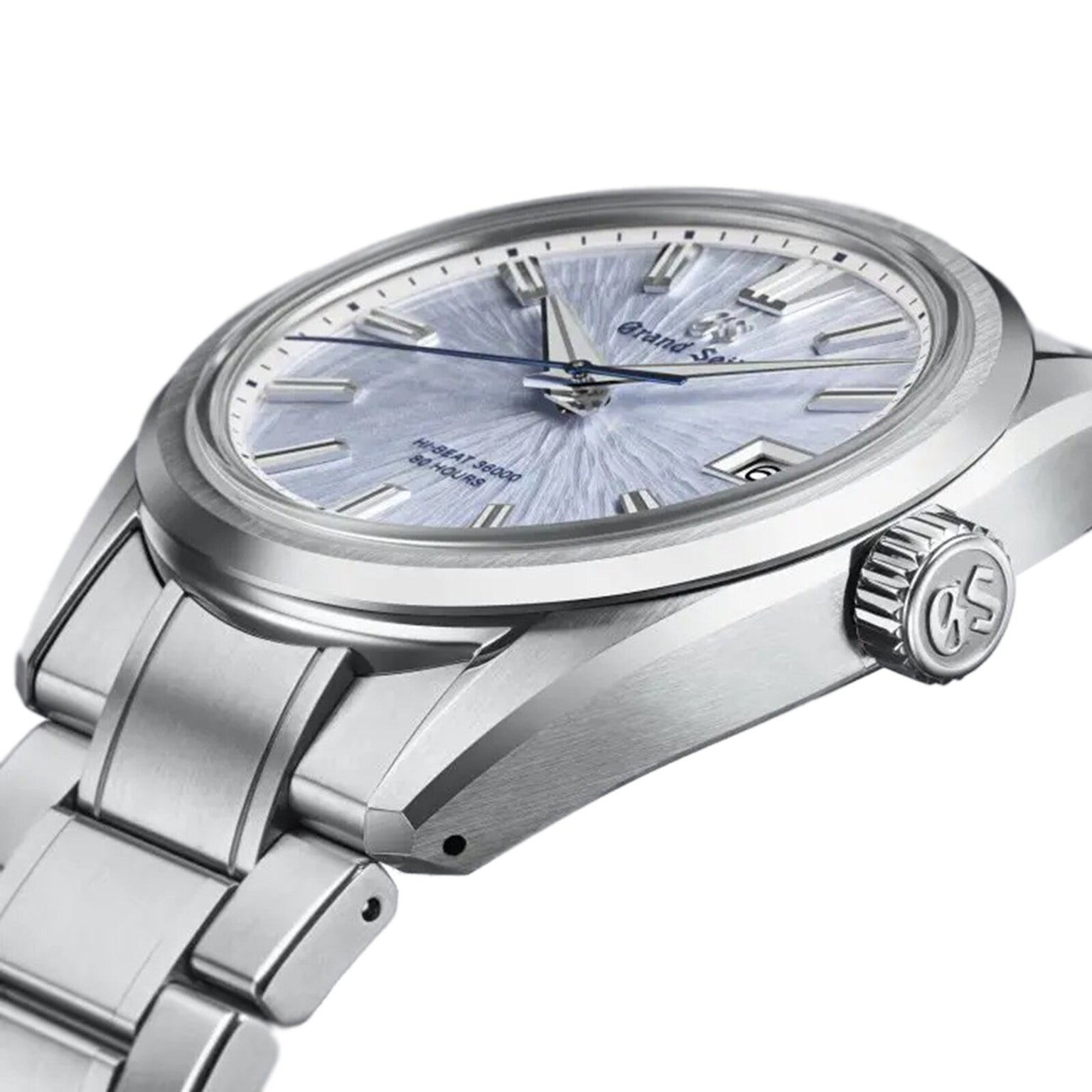The Grand Seiko Hi-Beat 80 Hours Evolution 9 is a stainless steel wristwatch featuring a textured light blue mountainscape-inspired dial, silver hour markers, date window, and metal bracelet, shown on a white background.