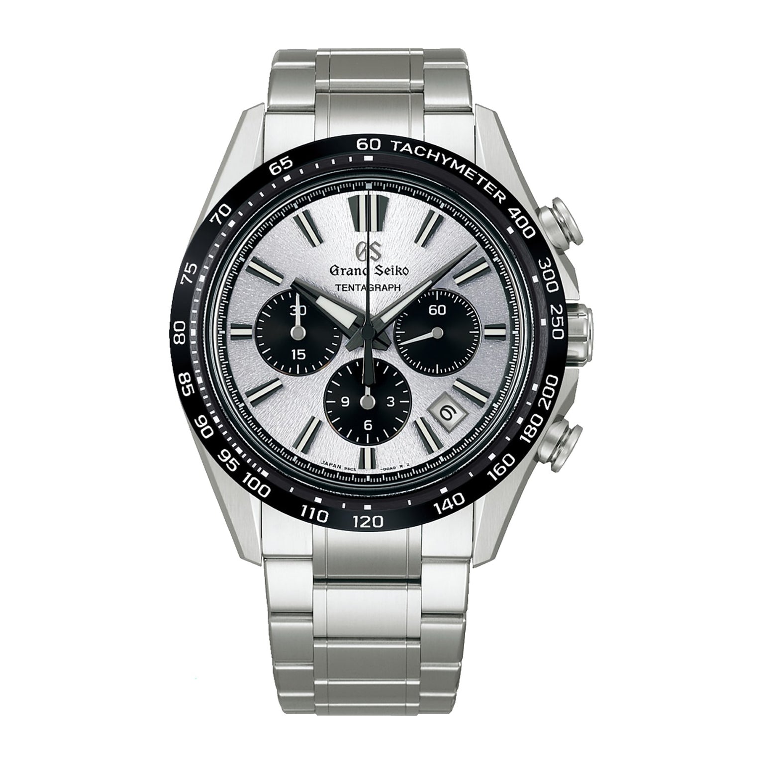 The Grand Seiko Hi-Beat 36000 Automatic Chronograph Evolution 9 SLGC007 features a silver dial, stainless steel bracelet, three subdials, black tachymeter bezel, and is powered by the advanced Caliber 9SC5 movement.