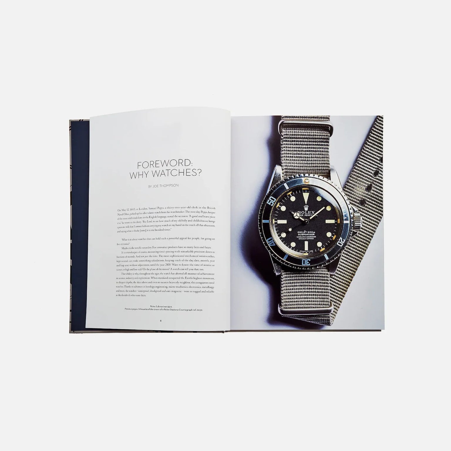 An open copy of Watches: A Guide By HODINKEE by Hodinkee shows a foreword titled Why Watches? on the left page and a striped-strap wristwatch photo on the right, capturing the passion found in every Hodinkee watch guide.