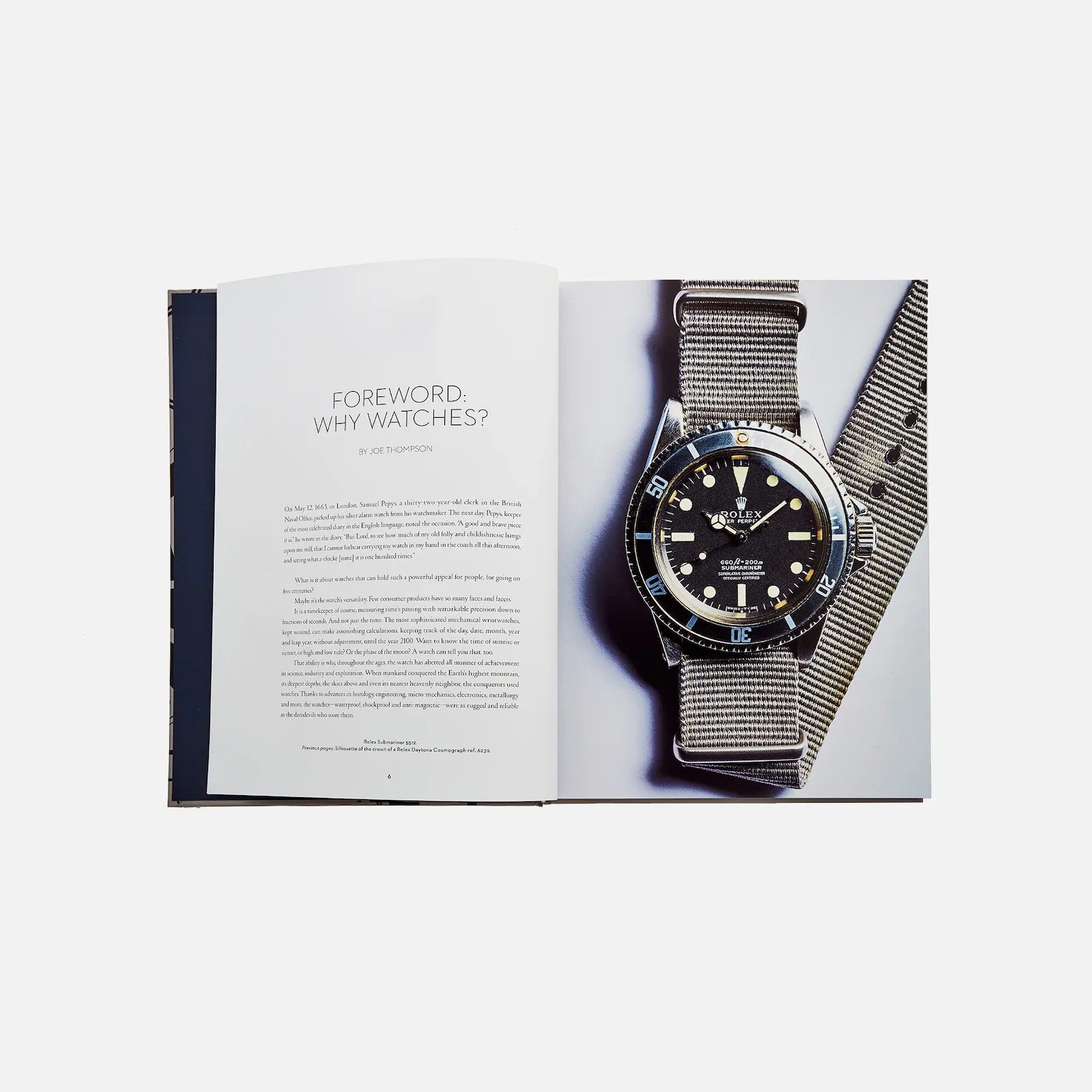 An open copy of Watches: A Guide By HODINKEE by Hodinkee shows a foreword titled Why Watches? on the left page and a striped-strap wristwatch photo on the right, capturing the passion found in every Hodinkee watch guide.