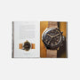 An open book, Watches: A Guide By HODINKEE by Hodinkee, displays pages with photos and text on vintage watches, including close-ups of a watch with a brown leather strap—ideal for any watch enthusiast.