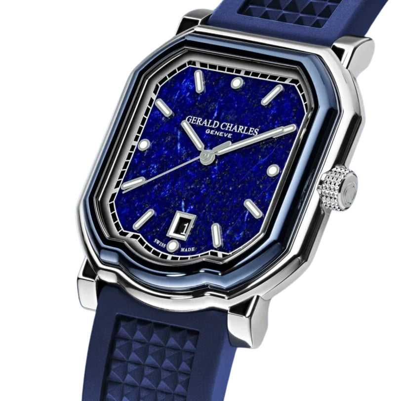 The Gerald Charles Maestro 2.0 Ultra-Thin Lapis Lazuli is a luxury wristwatch featuring a blue face and strap, silver indices, and an octagonal case.