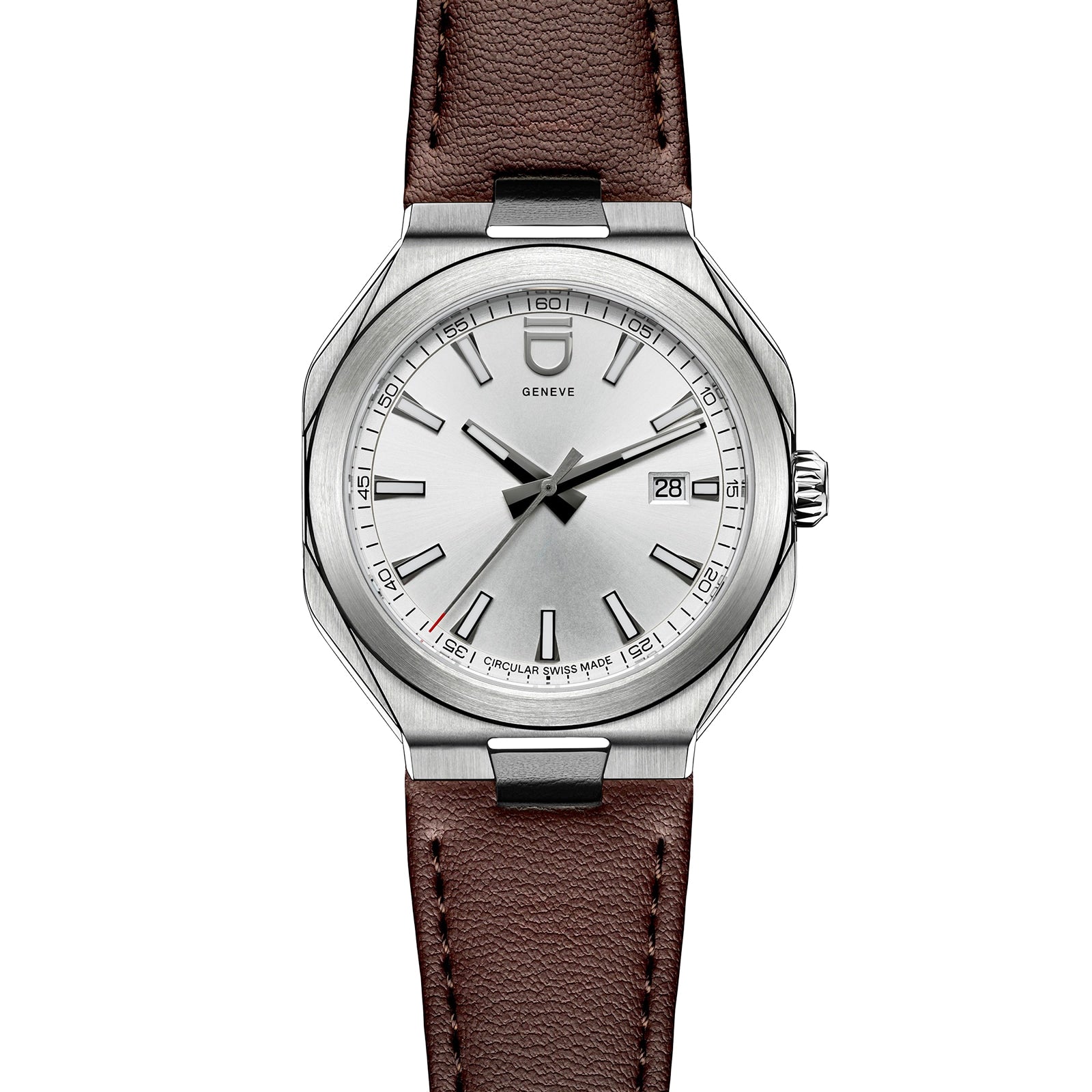 The Circular 1 Original - Silver by ID Geneve is a silver analog wristwatch featuring a brown leather strap and a date display on the right side of the dial.