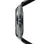 Side view of the Circular 1 - Black by ID Geneve, featuring a silver case, black leather strap, and a crown engraved with ID.