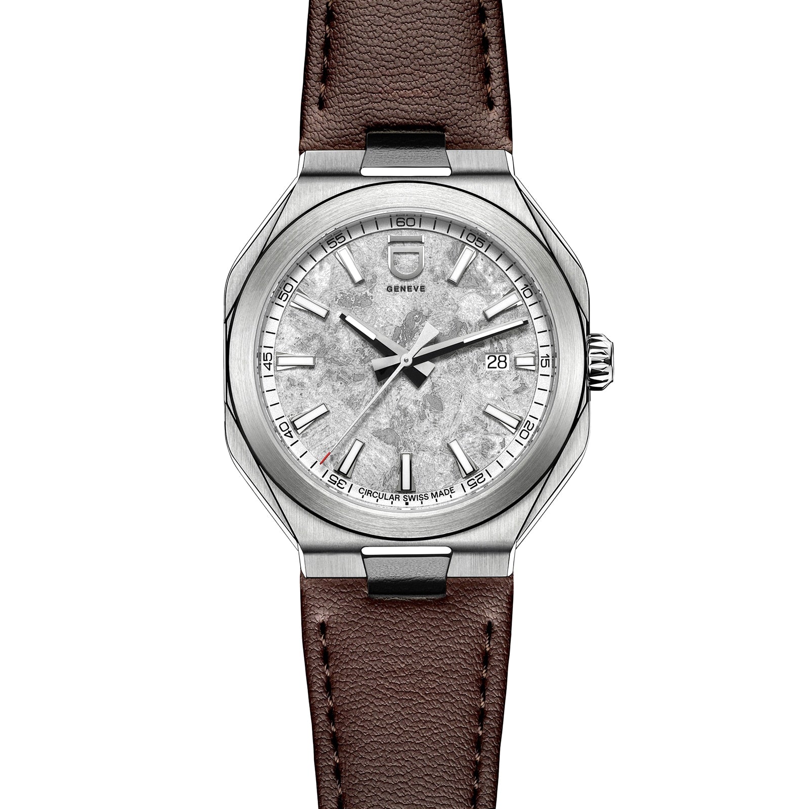 The ID Geneve Circular 1 - Mineral Grey is a silver wristwatch with a textured dial, brown leather strap, and date window at 3 o’clock.