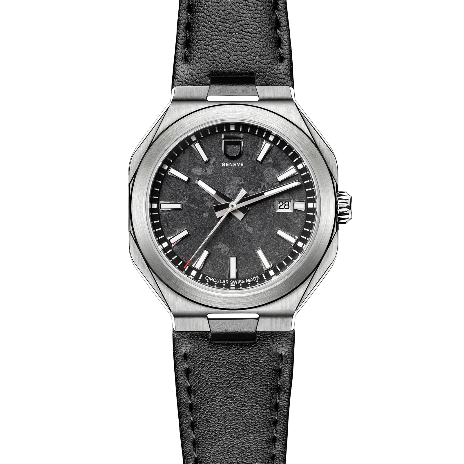 The ID Geneve Circular 1 - Mineral Black is a stainless steel watch featuring a black textured dial, date display, and black leather strap.