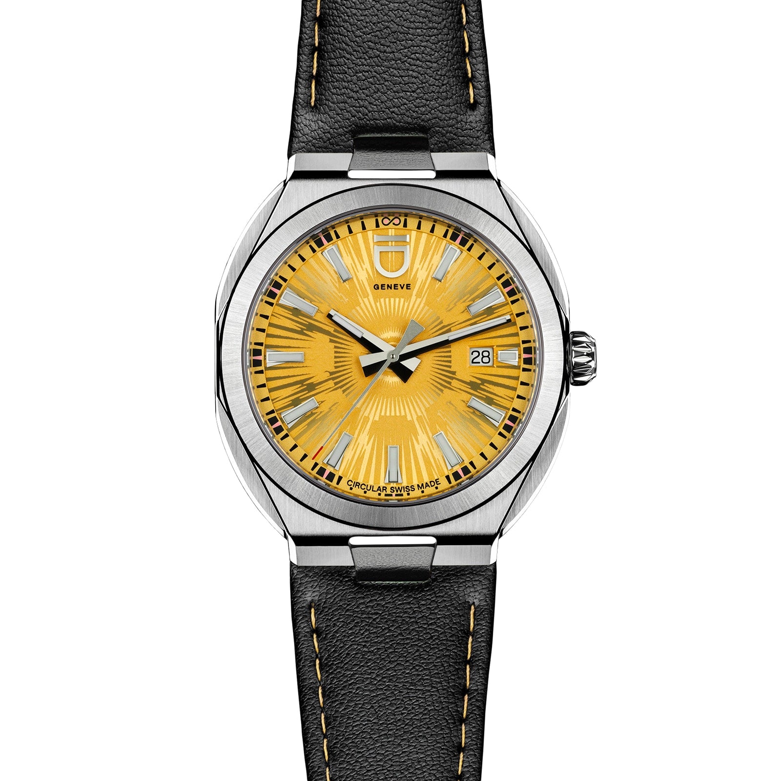 The Circular S - Sun Brushed by ID Geneve is a luxury wristwatch featuring a yellow dial, silver markers, and a black leather strap.