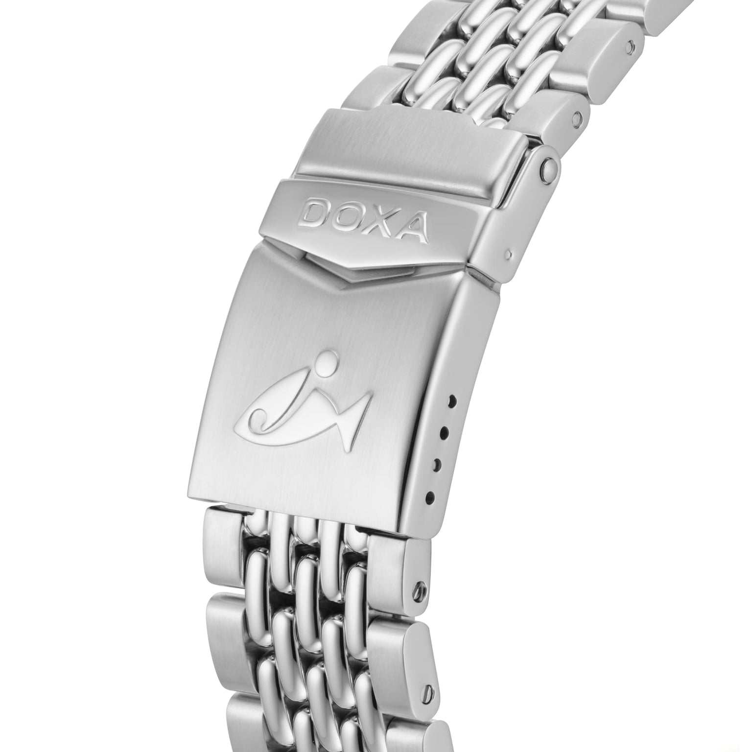 Close-up of a silver 316L stainless steel bracelet clasp from the DOXA Sub 200 Sharkhunter, featuring DOXA and a fish logo engraved on it.
