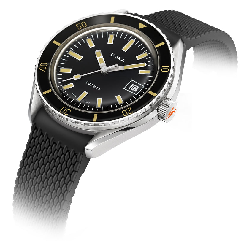 The DOXA Sub 200 Sharkhunter divers watch features a round black face, date display, textured black rubber strap, and unidirectional rotating bezel, shown angled on a white background.