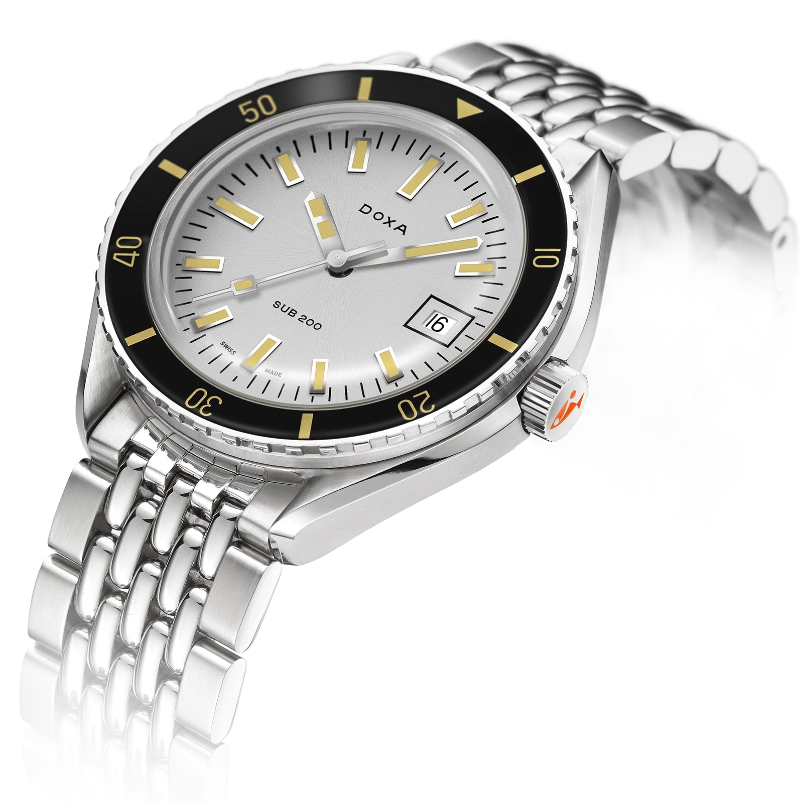 The DOXA Sub 200 Searambler is a stainless steel divers watch featuring a metal bracelet, black rotating bezel, yellow markers, and a date display at 3 o’clock.