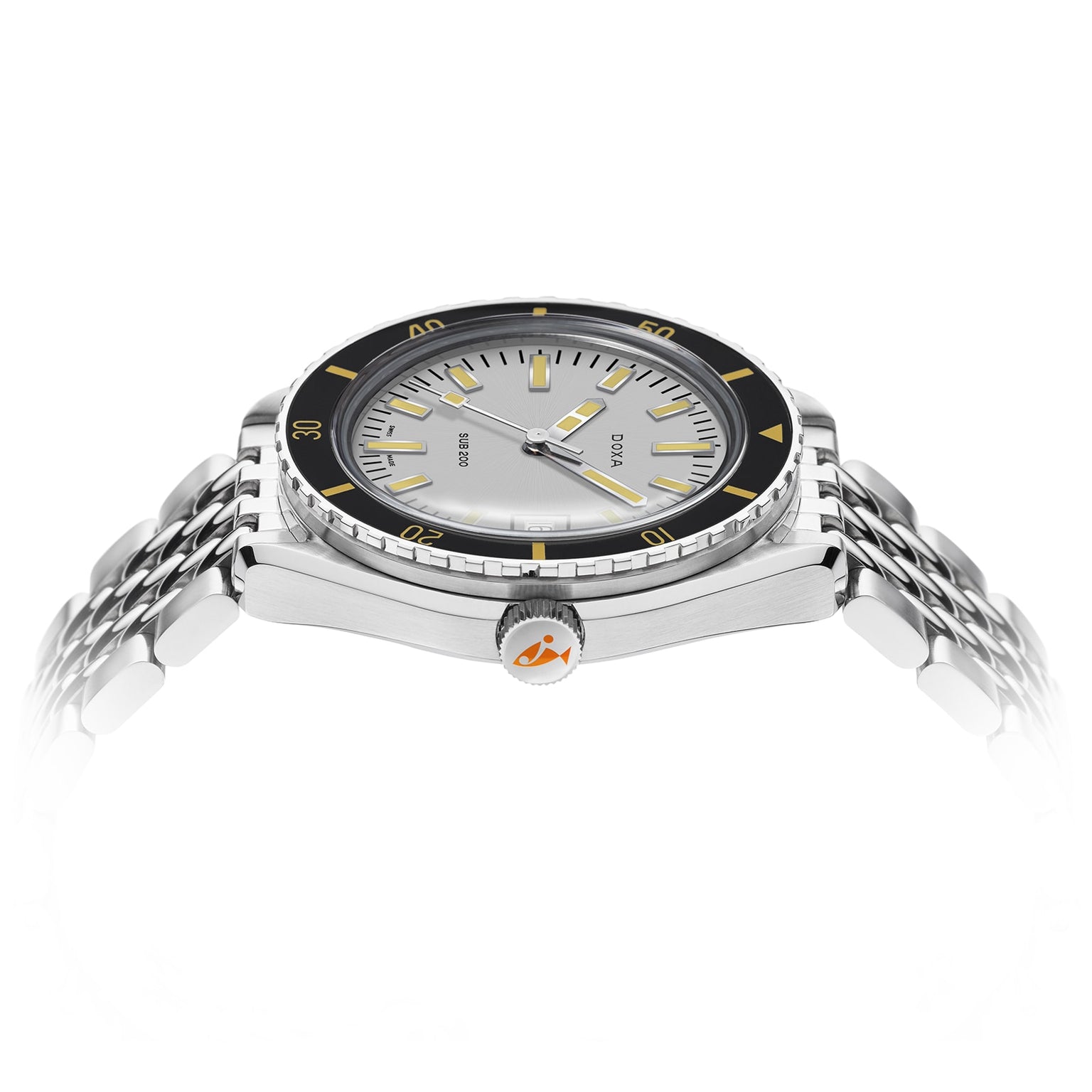 The DOXA Sub 200 Searambler, a stainless steel divers watch with a black and yellow rotating bezel, silver dial, and metal bracelet, is displayed at an angle on a white background.