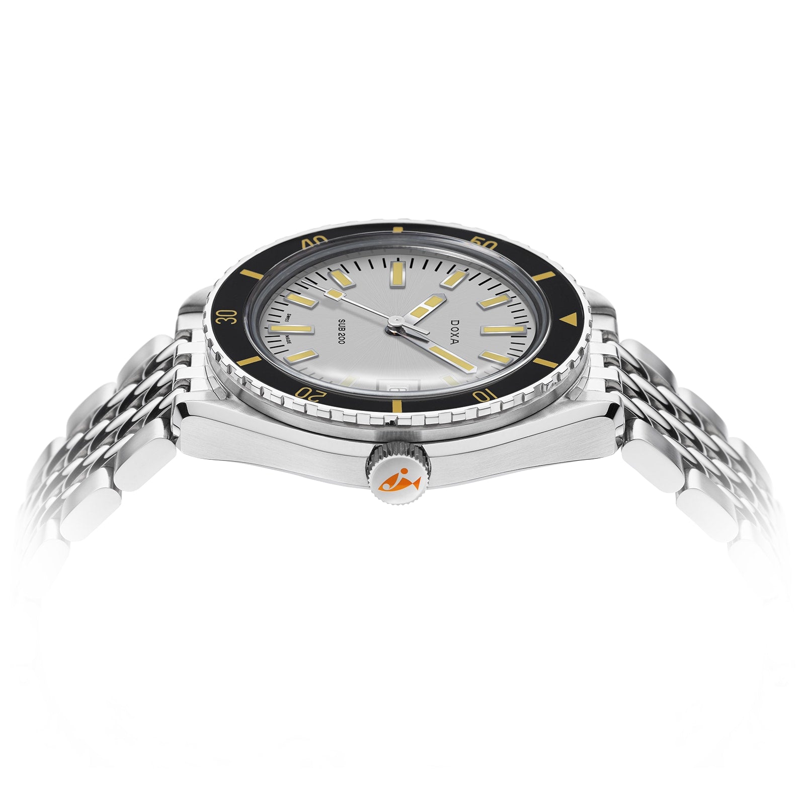 The DOXA Sub 200 Searambler, a stainless steel divers watch with a black and yellow rotating bezel, silver dial, and metal bracelet, is displayed at an angle on a white background.