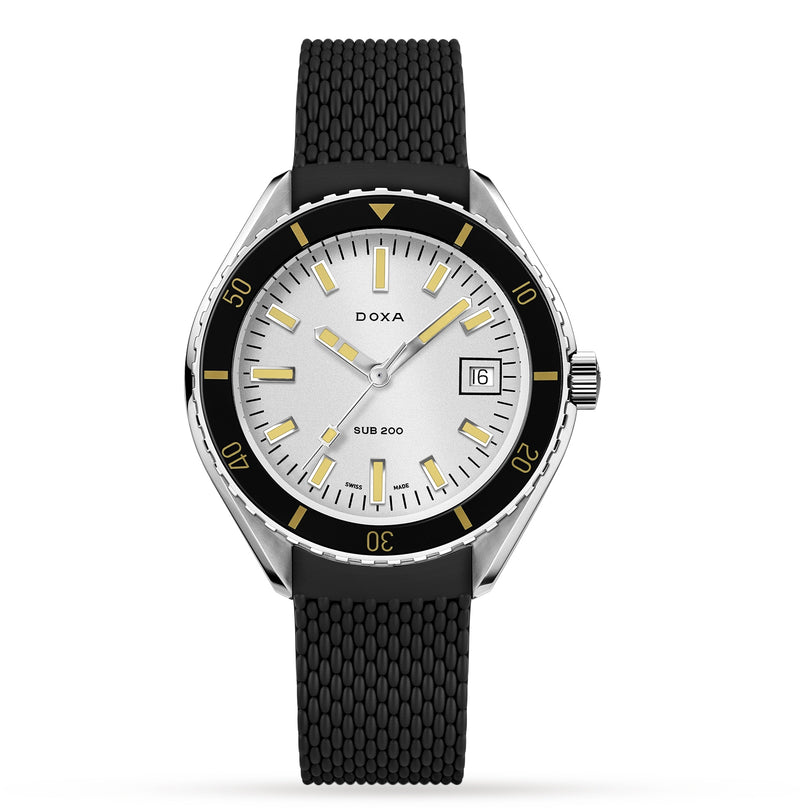 The DOXA Sub 200 Searambler is a divers watch featuring a white dial, yellow hour markers, unidirectional black bezel, date at 3 o’clock, sapphire crystal, and a textured black rubber strap.