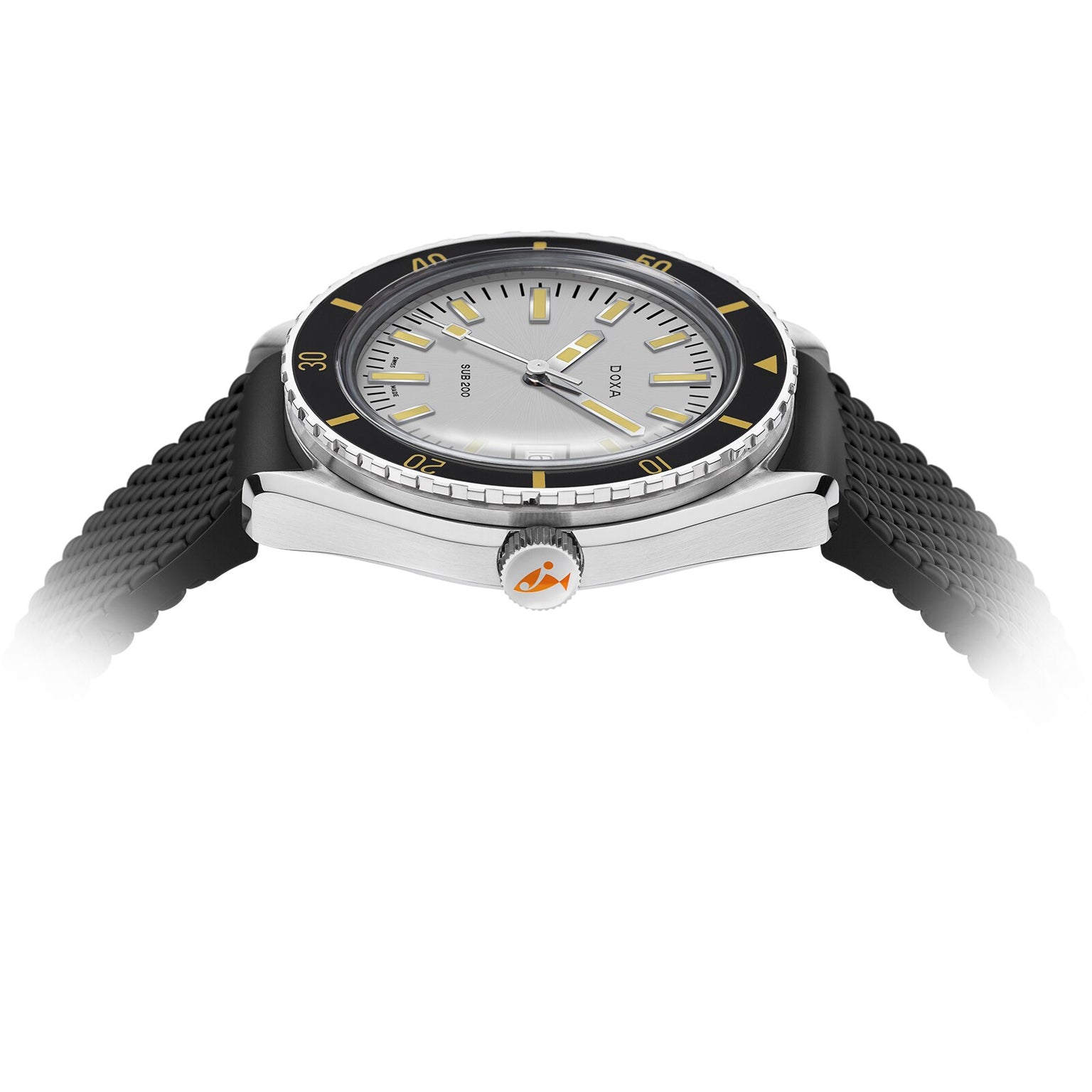 The DOXA Sub 200 Searambler wristwatch features a silver case, black and yellow bezel, and a black textured strap, shown from the side.