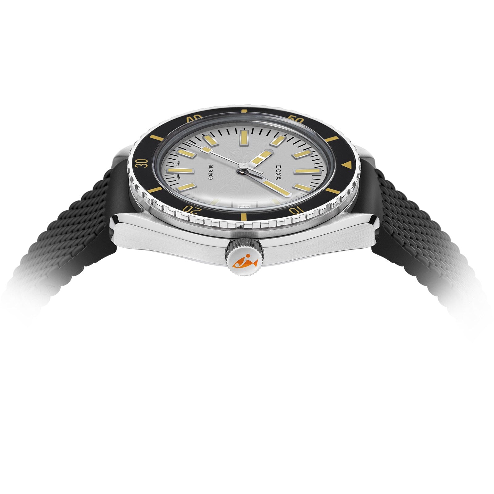 The DOXA Sub 200 Searambler wristwatch features a silver case, black and yellow bezel, and a black textured strap, shown from the side.