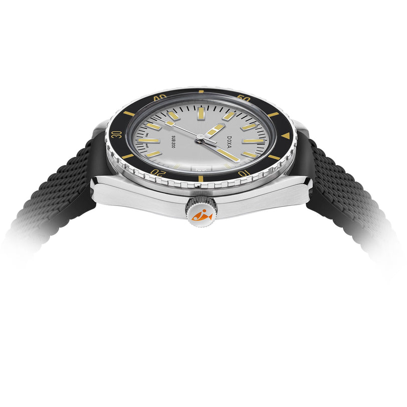 The DOXA Sub 200 Searambler wristwatch features a silver case, black and yellow bezel, and a black textured strap, shown from the side.
