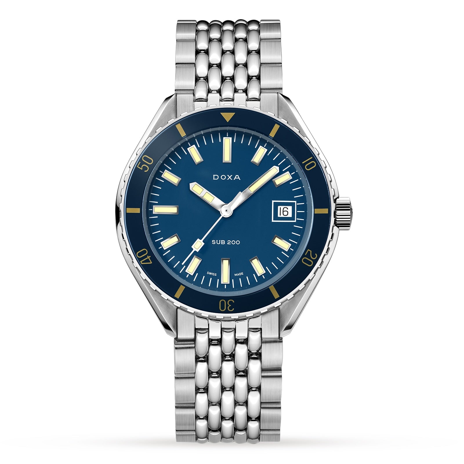 The DOXA Sub 200 Caribbean is a divers watch made of 316L stainless steel, with a blue dial, silver hour markers, unidirectional rotating bezel, 3 o’clock date display, metal link bracelet, and “DOXA SUB 200” on the face.