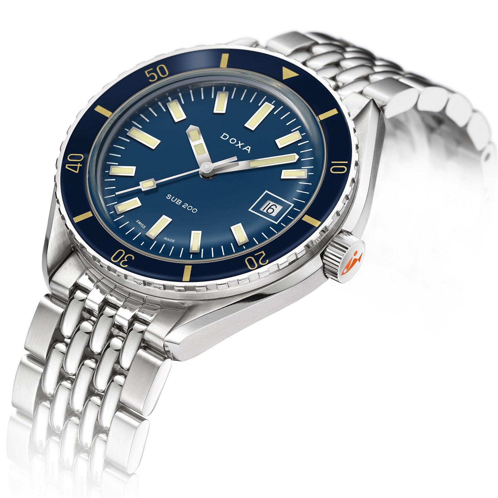 The DOXA Sub 200 Caribbean is a 316L stainless steel diver’s watch with a blue dial, yellow markers, unidirectional rotating bezel, date window at 3 o’clock, and metal bracelet.