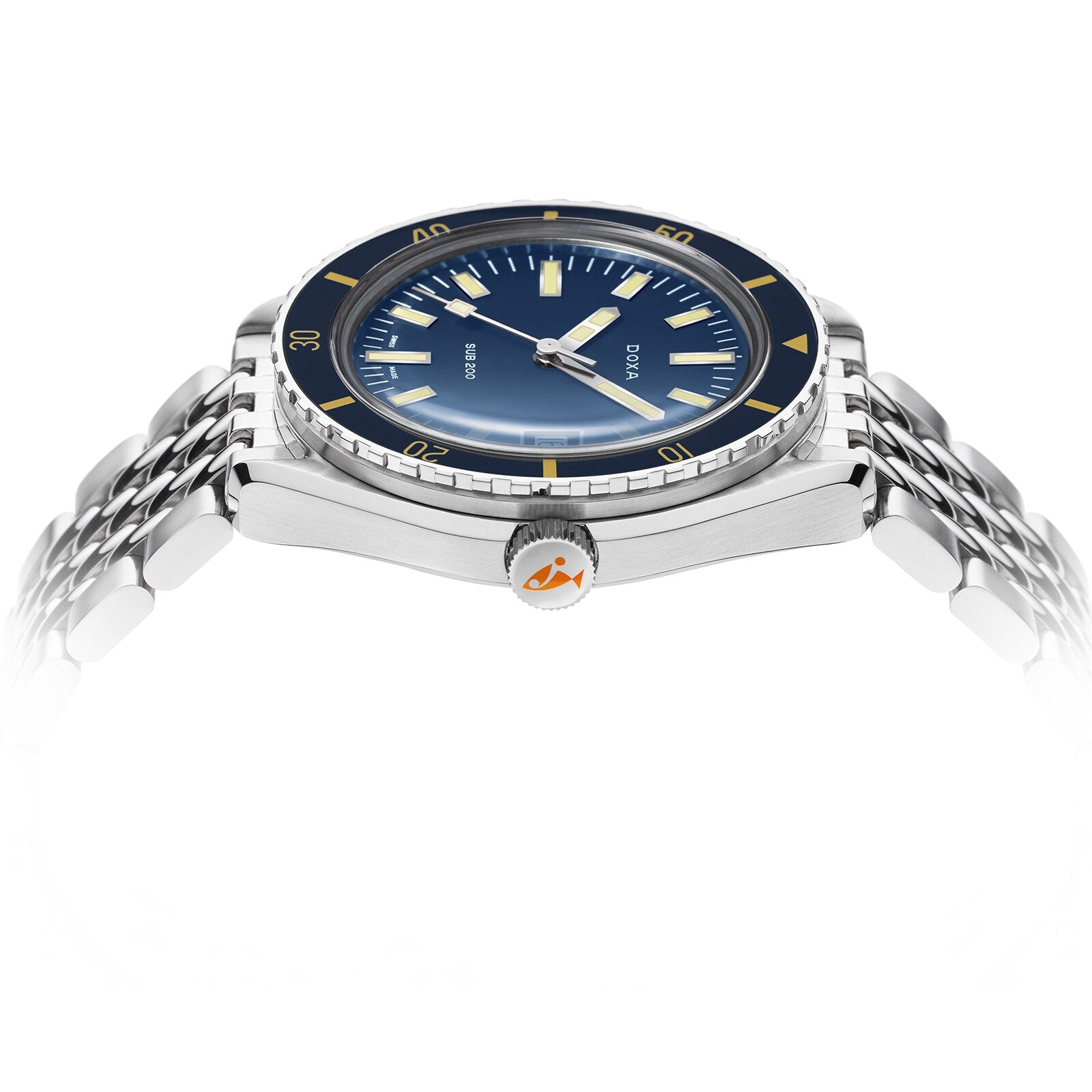 The DOXA Sub 200 Caribbean, a 316L stainless steel diver’s watch with a blue dial, yellow markers, and silver link bracelet, is shot from a low side angle to highlight its unidirectional rotating bezel.
