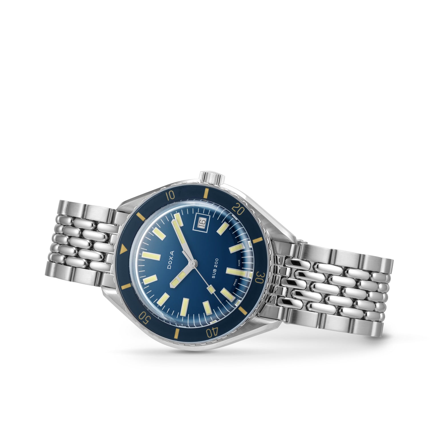 The DOXA Sub 200 Caribbean is a 316L stainless steel divers watch featuring a blue and yellow dial, unidirectional bezel, date window at 3 o’clock, and a metal link bracelet, shown against a white background.