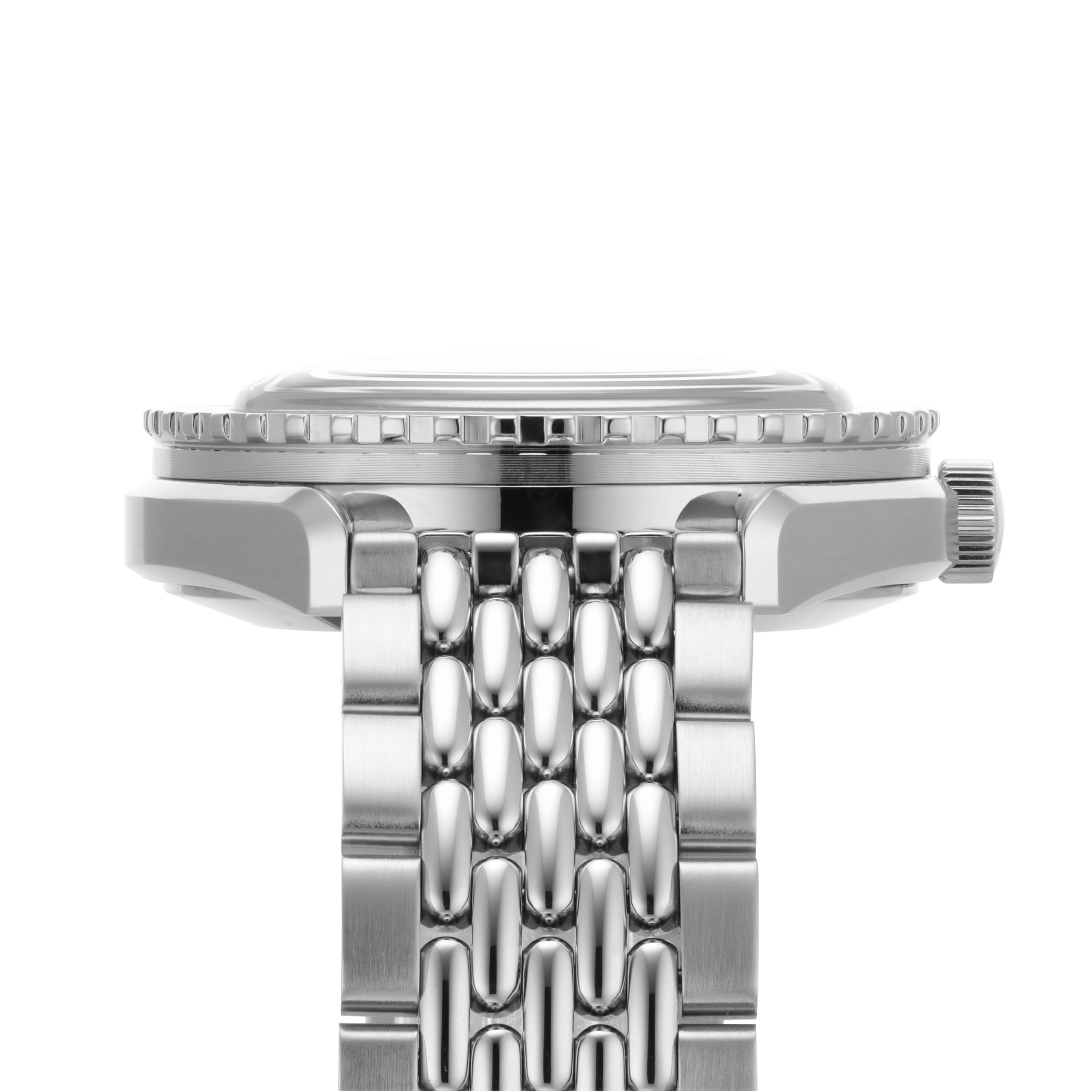 Close-up side view of the DOXA Sub 200 Caribbean, highlighting its robust 316L stainless steel case, unidirectional rotating bezel, crown, and metal bracelet links.