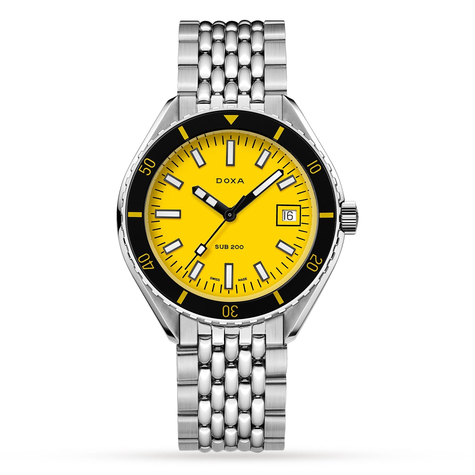 The DOXA Sub 200 Divingstar is a 316L stainless steel divers watch with a yellow dial, black bezel, date window at 3 o’clock, silver hour markers, and a metal link bracelet.