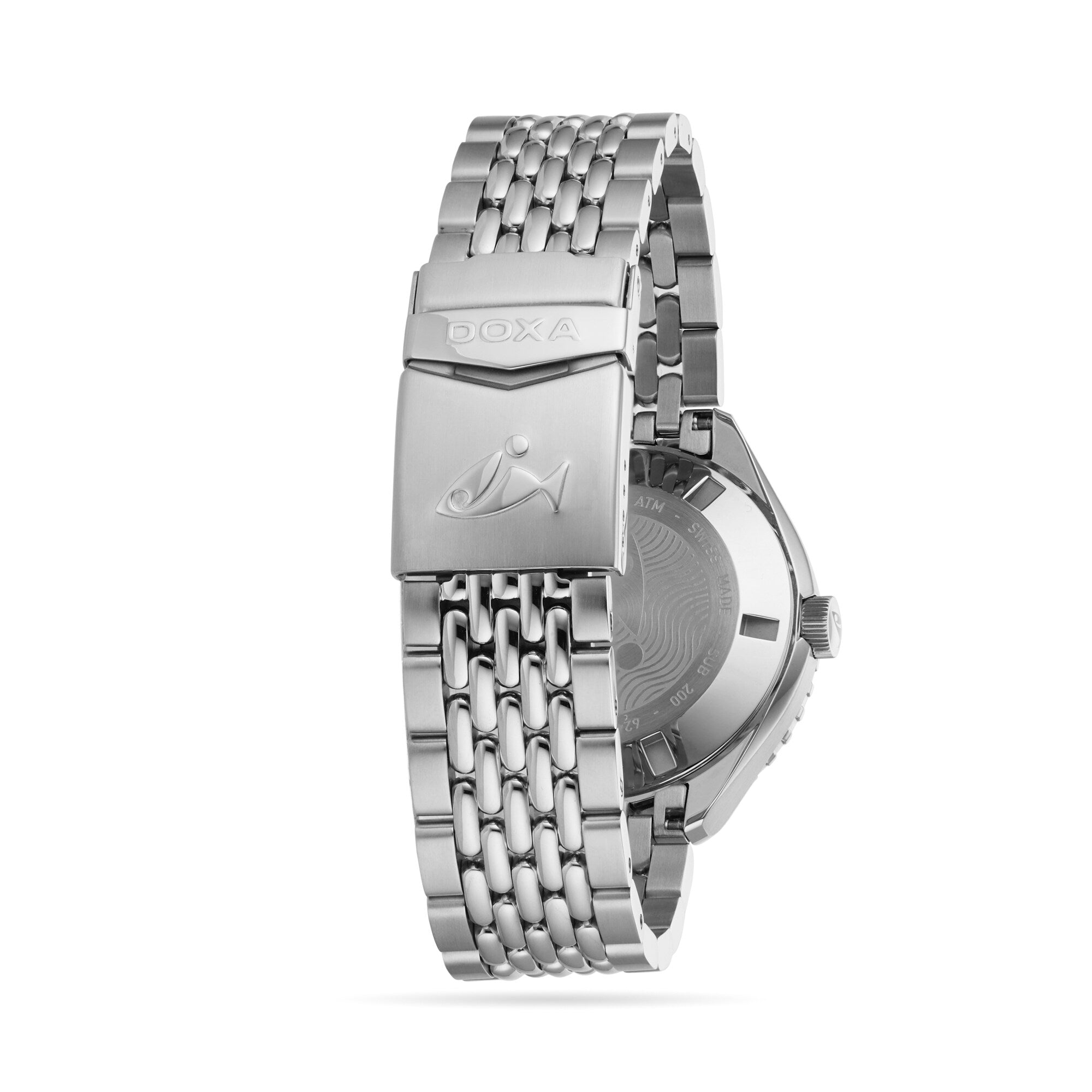 A close-up of the DOXA Sub 200 Divingstars 316L stainless steel bracelet, showing its clasp with a fish logo and part of the case back.
