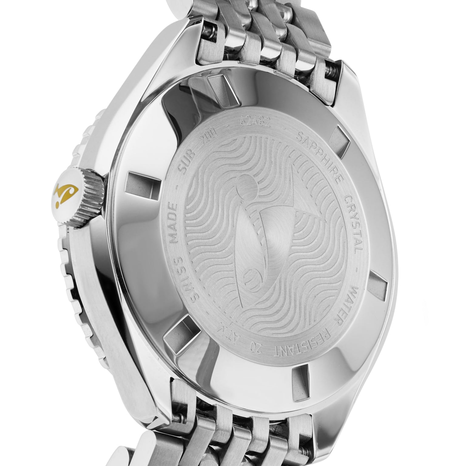 Close-up of the back of the DOXA Sub 200 Divingstar, a 316L stainless steel divers watch with engraved text, wave pattern, metal bracelet, and a crown adorned with a yellow logo.