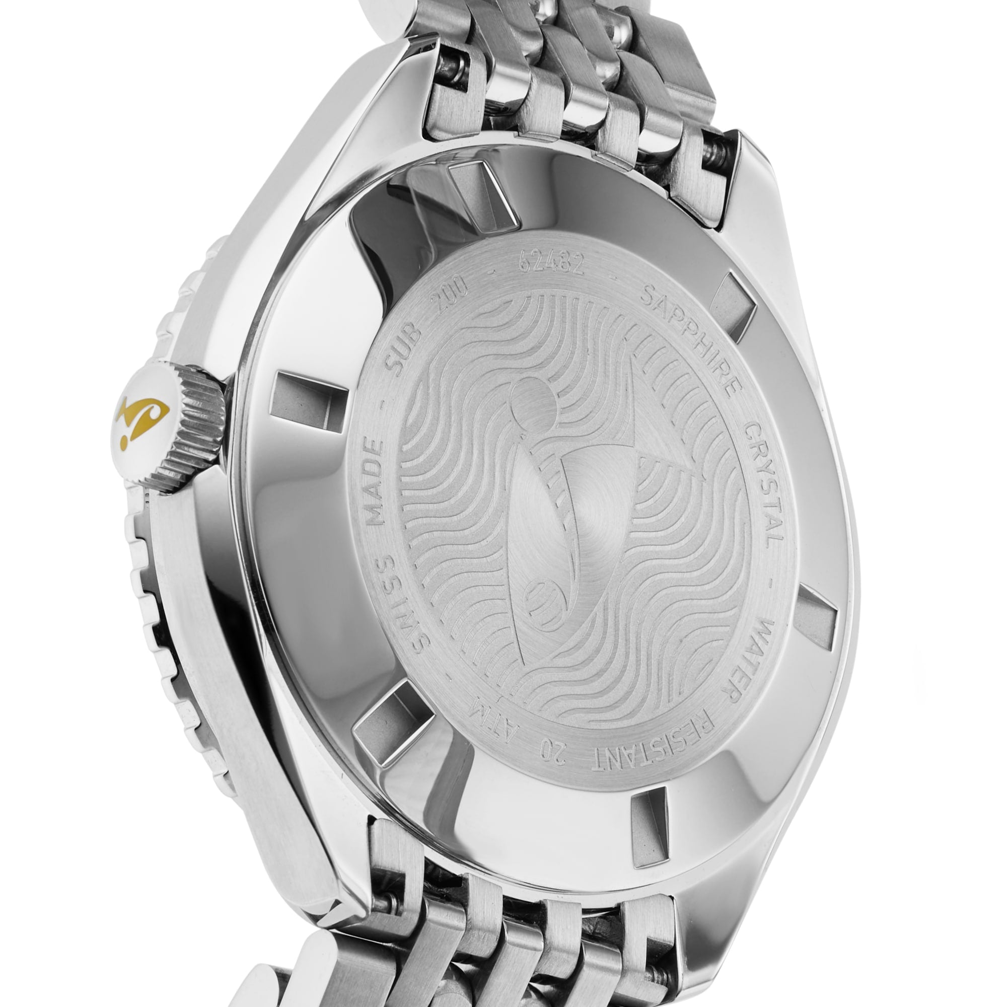Close-up of the back of the DOXA Sub 200 Divingstar, a 316L stainless steel divers watch with engraved text, wave pattern, metal bracelet, and a crown adorned with a yellow logo.