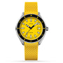 The DOXA Sub 200 Divingstar diver’s watch features a yellow dial, yellow rubber strap, black accents, unidirectional rotating bezel, and a date display at 3 o’clock, displayed against a white background.
