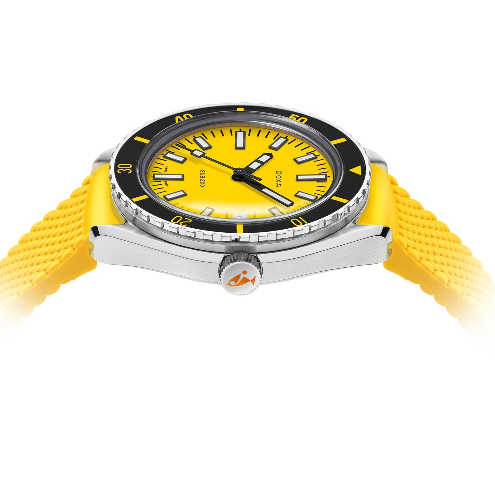 The DOXA Sub 200 Divingstar is a diver’s watch with a yellow face, black and white hour markers, unidirectional bezel, and yellow textured rubber strap, crafted from 316L stainless steel and shown at an angle on a white background.