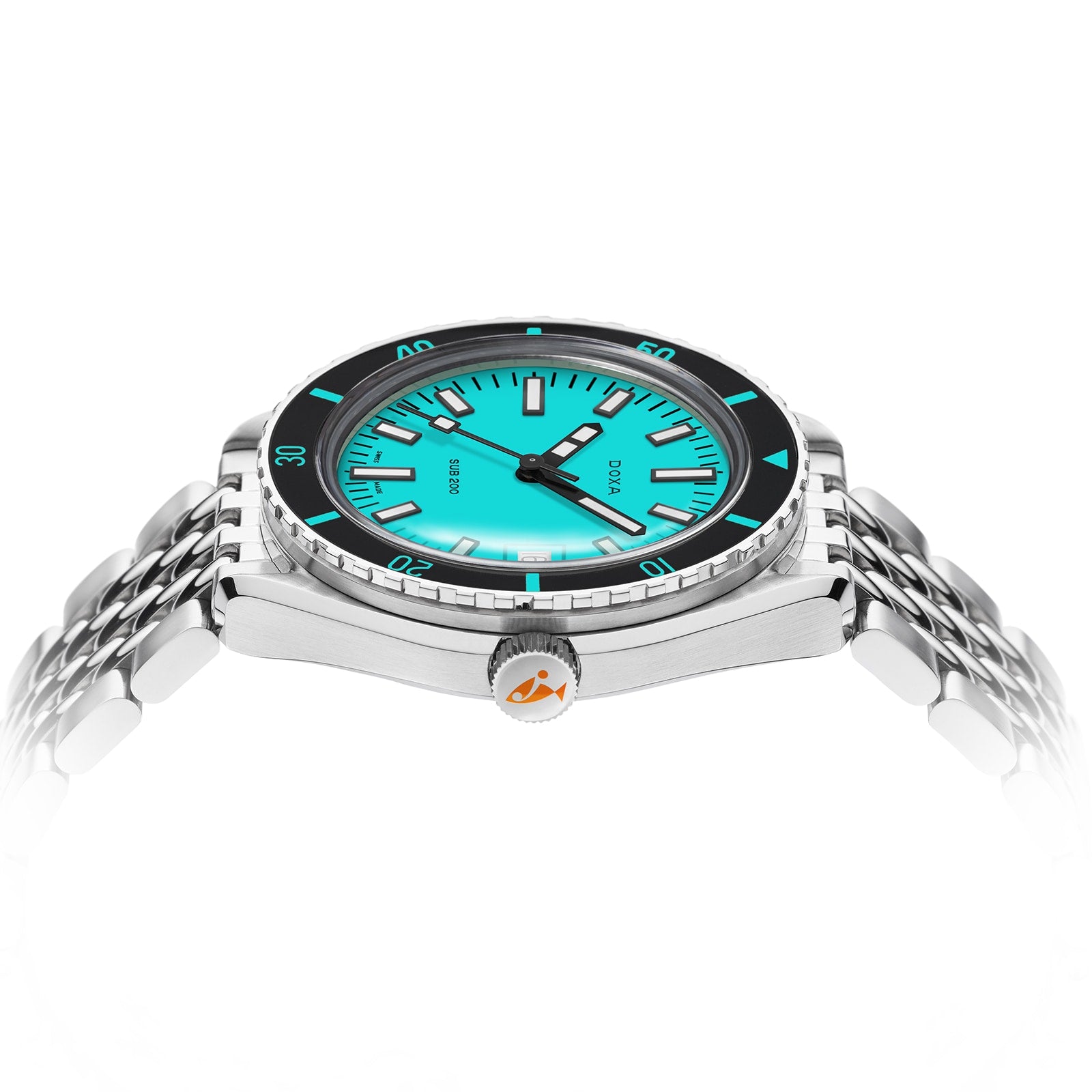 The DOXA Sub 200 Aquamarine is a silver diver’s watch with a turquoise dial, unidirectional rotating bezel, and orange crown detail, displayed at an angle on a 316L stainless steel bracelet.