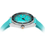 A side-angle close-up of the DOXA Sub 200 Aquamarine divers watch featuring a turquoise dial and strap, black bezel, and stainless steel case.